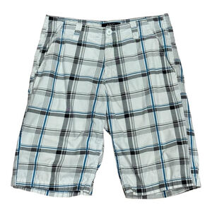 INC Shorts Mens 32 Plaid White Black Blue Flat Front Cotton Casual Summer
